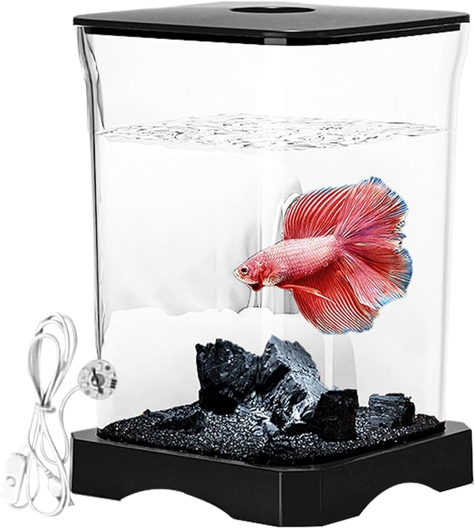 Small Fish Tank - Acrylic Aquarium, Compact LED Lighting Bowl, Modern Betta Container, Design | Desktop Decoration for Home Office, Mini Fish Habitat, Bedroom Display, Small Space