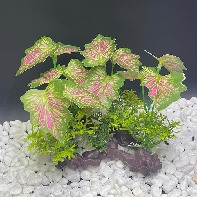 Aquarium Plant Fish Tank Decoration Small Plastic Artificial Plant Goldfish Fish Hide (Rainforest Leafs-Pink-Small-Set)