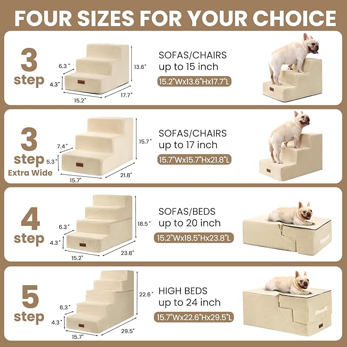 Aodisman Dog Stairs for Small Dogs & Cats, 3-Step Extra Wide Non-Slip Pet Steps for Couch Sofa and Chair, Beige, 15.7" H