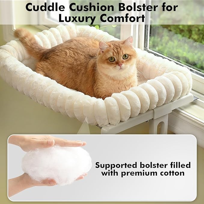 Zoratoo Cloud-Cuddle Cat Window Perch with 4-Sided Bolster, Zipper Design Cushion Window Seat for Window Sill, Sturdy Metal Frame & Easy Assembly Pet Hammock Bed for Indoor Cats (White, Medium)