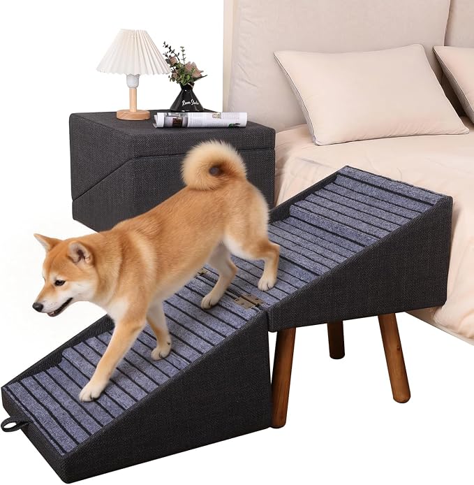 Dog ramp for Small Dogs, 2-in-1 Pet Steps & Ottoman - Foldable Dog ramp for Couch, Non-Slip Wooden Pet ramp for Puppy Senior Injured Dogs (Black, XXL(21.06H))