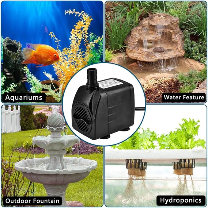 DOMICA 220GPH Ultra Quiet Fountain Pump (15W 800L/H), Small Submersible Pump for Pond, Water Feature, Aquariums, Fish Tanks, Hydroponics, Indoor or Outdoor Fountain (AC Powered)