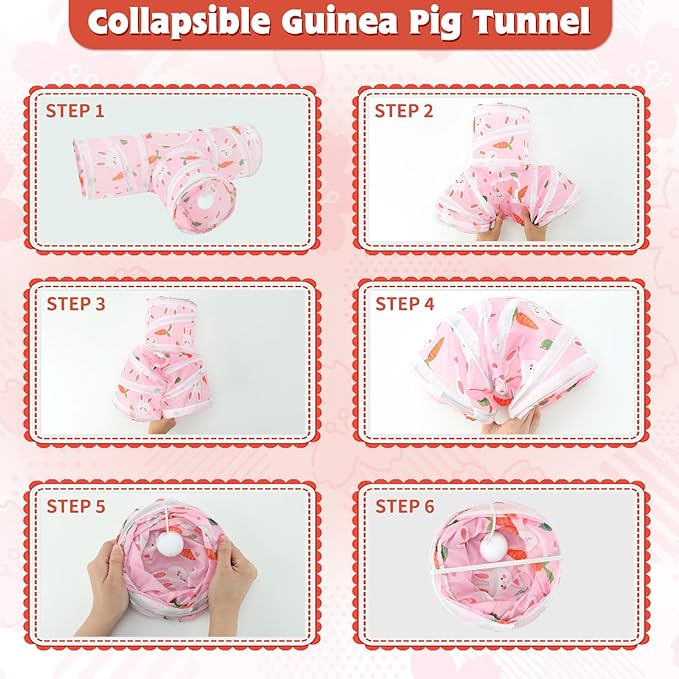 YUEPET 5.9" Guinea Pig Tunnels & Tubes Collapsible Pet 3 Way Play Tunnel Toys Small Animal Hideout Hideaway for Guinea Pig Chinchilla Ferret Hamster Rat(Pink)