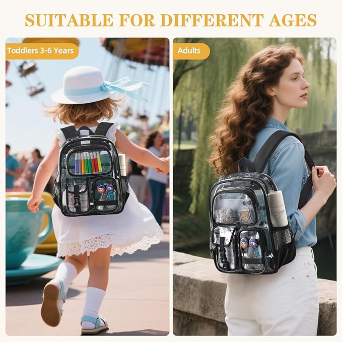 Mini Clear Backpack for Stadium Approved 12x6x12, Small Transparent Backpacks Plastic See Through Clear Bag for Kids Girls Women for Sporting Event, Concerts, Work, Festival (Black)