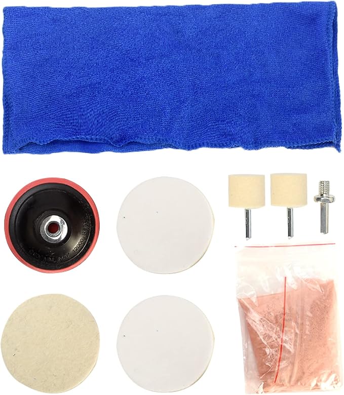 Kakalote 9Pcs/Set Glass Polishing Kit Multifunctional Deep Scratch Remover Car Polish Pad Cerium Oxide Polishing Powder Felt Polishing Wheel Set for Windscreen and Glass Repair