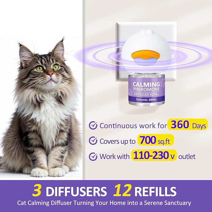 OcePor Cat Calming Diffuser 12 Refill Solutions, 3 Plugs- Cat Pheromones Calming Diffuser Refill, Pheromone Diffuser to Calm Cats, Cat Anxiety Relief