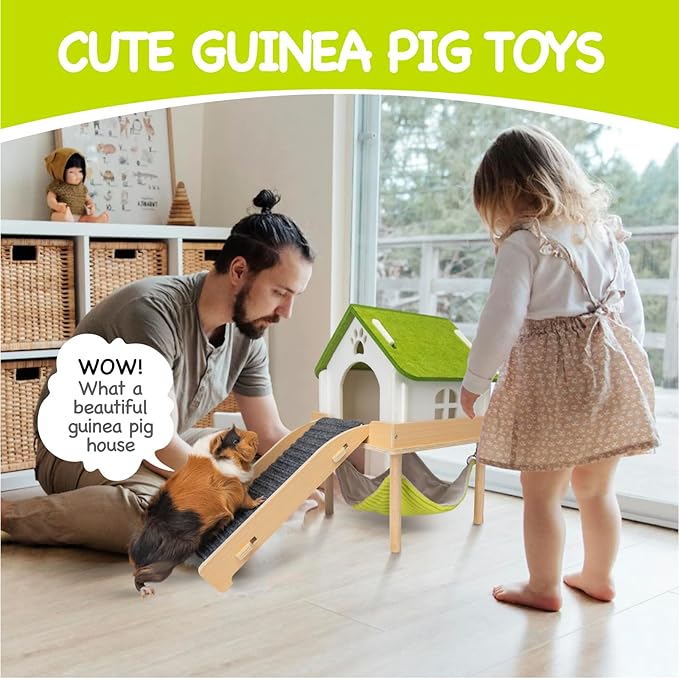 BESNEW 3 in 1 Enlarged Guinea Pig Hammock,Wooden Guinea Pig Hideout with House & Platform & Stairs Small Animal Toys for Hiding Sleeping Activities