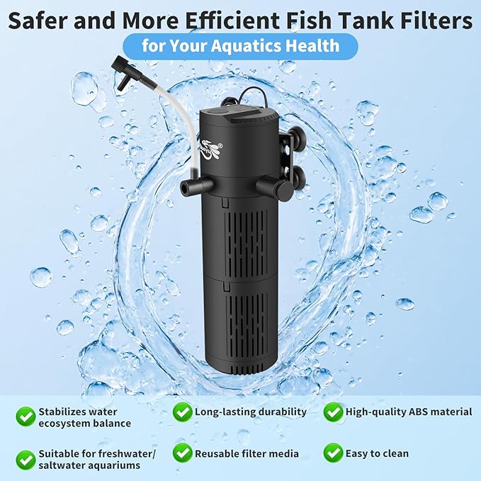 Aquarium Filter, Fish Tank Filter 4-in-1 for 10-30 Gallon Tanks, Submersible Internal Filter with Wave-Maker, Oxygenation & Adjustable Air Flow for Freshwater/Saltwater/Turtle Tanks (8W)