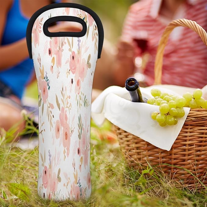 Rose Flower Floral Wine Bag Single Bottle Wine Tote Bag Neoprene Wine Carrier Bags with Carry Handle Portable Wine Bottle Holder for Travel Party Picnic