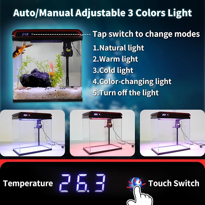 10 Gallon Fish Tank, Betta Fish Tank Glass Small Aquarium Starter Kits Self Cleaning with 3 Types of LED Lights and Filter Water Pump, Ultra Quiet Decoration Kids Room Gift