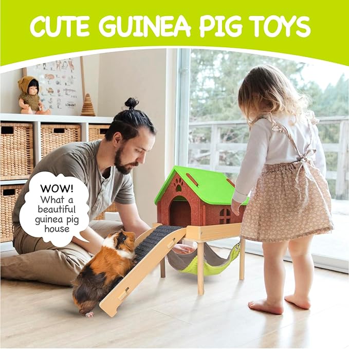 BESNEW 3 in 1 Enlarged Guinea Pig Hammock,Wooden Guinea Pig Hideout with House & Platform & Stairs Small Animal Toys for Hiding Sleeping Activities