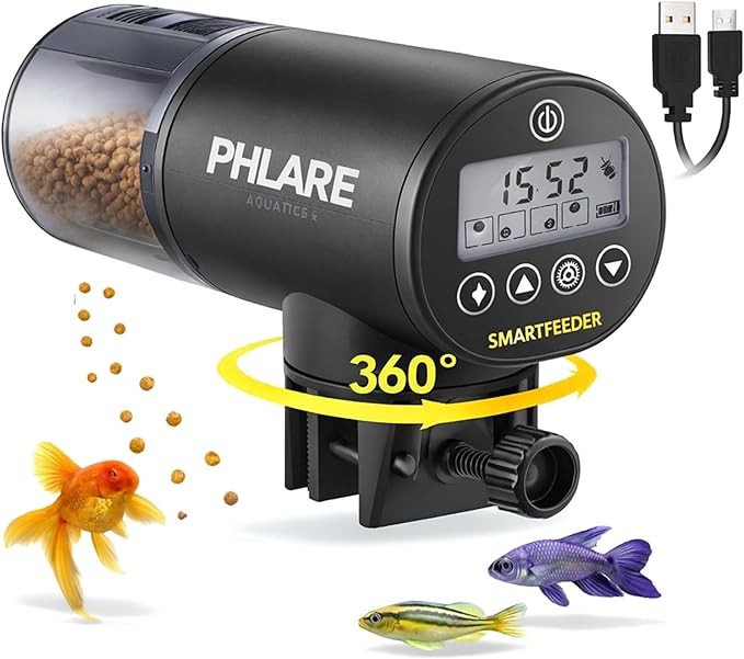Automatic Fish Feeder for Aquariums - Rechargeable Auto Timer Feeder for Vacation | Fits Flakes & Pellets | 200ml Capacity