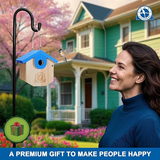 SISTERBIRD Wren Bird Houses for Outside Cedar Hanging Birdhouses for Outdoors 1-1/8" Entrance Hole Bird Houses for Outside Clearance Wooden Nesting Box Chickadee Predator Guard, Blue