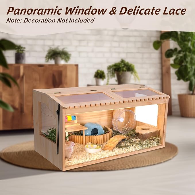 Wooden Hamster Cage,32"x16"Large Hamster Cage,2 Washable Liners & 2 Adjustable Ventilation Window. Small Animal Cage for Dwarf Syrian Hamsters Degus Mice & Other Small Pets.