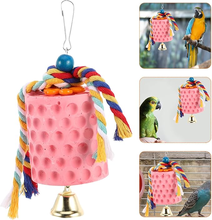 Toddmomy Parrot Mineral Block Chew with Bell for Birds Bird Beak Grinding Stone for African Grey Cockatiels Parakeets Cage Accessory for Beak Health and Interactive Play