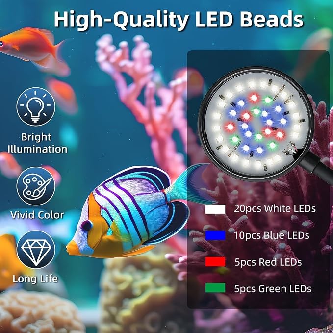 Clip on Aquarium Light Mini Fish Tank Light Timing USB Moving Lamp with Dimmable 3 Modes for 1 to 5 Gallon Nano Tanks