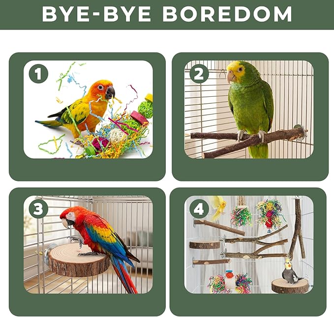 12 Pcs Natural Bird Perches and Shreddable Parakeet Toys, Essential Parrot Cage Accessories with 8 Wood Standsand 4 Shreddable Parakeet Toys, Foraging Shredder and Bird Accessories for Cages