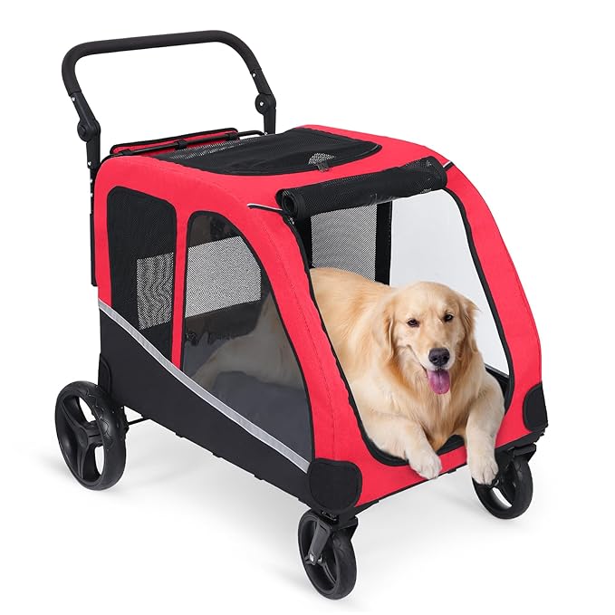 Saudism Stroller for Large Dogs, Extra Large Pet Stroller for Medium 2 Dogs, Dog Wagon, Dog Carriage, Foldable Design, Adjustable Handle, with Pocket, Up to 160 lbs, Red