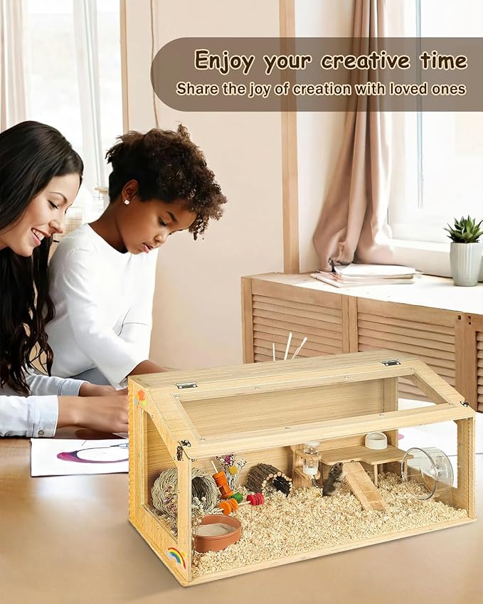 Large Wooden Hamster Cage, 31.5" Portable Habitat with Acrylic Panels & Openable Top, Includes Water Bottle, Fences and Platform for Syrian Hamsters, Dwarf Hamsters, Gerbils