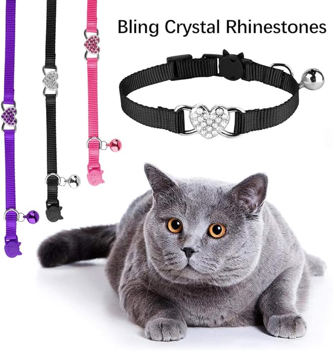 Mtliepte 2 Pcs Cat Collars Heart Bling Breakaway with Bell Nylon Adjustable for Kitty(Black+Pink)