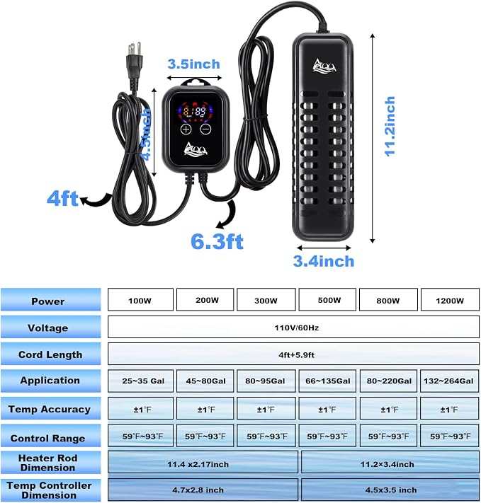 AQQA Submersible Aquarium Heater,100W/200W/300W/500W/800W/1000W/1200W | Fish Tank Heater,External Temperature Controller LED Temperature Display,Suitable for Saltwater and Freshwater(1200W)