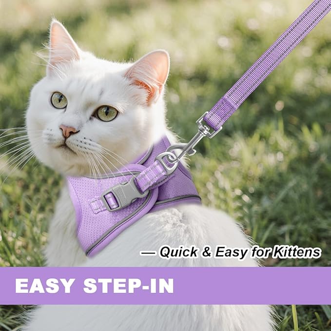 Cat Harness and Leash Set,Escape Proof Kitten Harness,Step in Adjustable Soft Lightweight,Easy Control,Reflective Strips Comfortable for Walking Travel(Violet Purple,M)