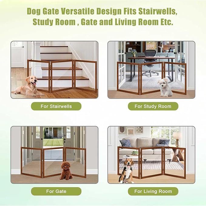 LZRS Clear Dog Gate for Indoor Use - Transparent Pet Fence with Solid Hardwood and Plastic Board, Stylish & Durable freestanding Pet Gate for Doorways, Stairs and Hallways-3 Panel Cherry