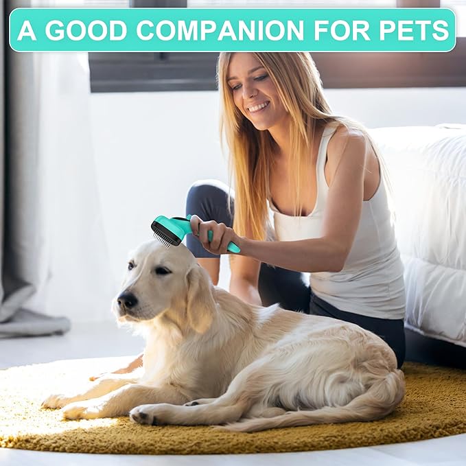 Self Cleaning Slicker Brush for Dog & Cats, Skin Friendly Deshedding Grooming Tool for Shedding Long and Short Haired Pets, Easy Clean Retractable Bristles, Green
