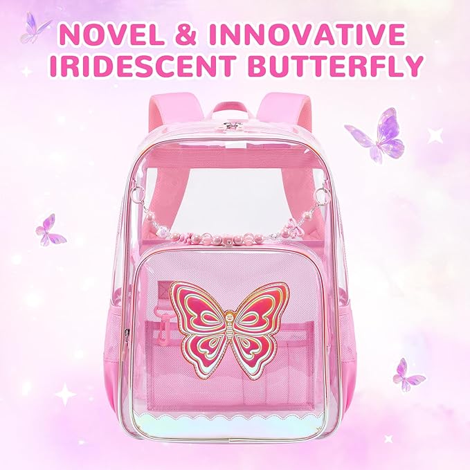 MUSEVOS Clear Backpack, Clear Bookbag for School PVC Heavy Duty Transparent Backpack for Girls, Pink Butterfly