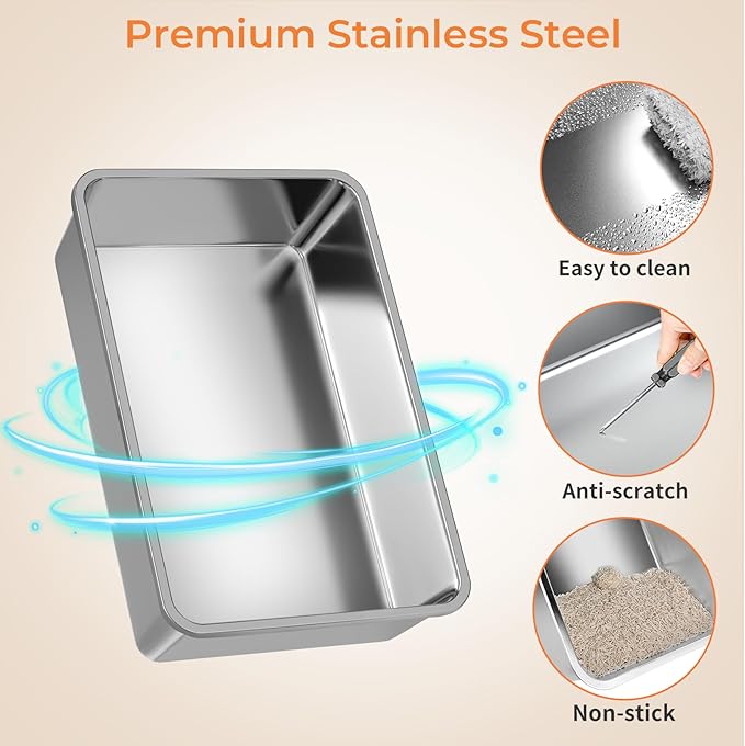 URPOWER Stainless Steel Cat Litter Box with Flip-Top Lid Extra Large Enclosed Litter Box Non-Sticky Metal Pan with High Sided & Scoop, Odor Free, Front & Top Entry, Anti-Leakage, Easy Cleaning