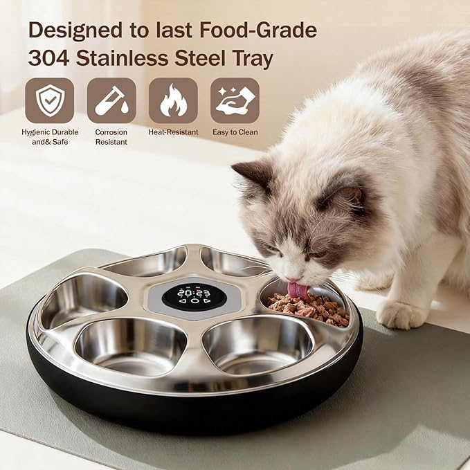 Automatic Wet Food Cat Feeder, Auto Refrigerated Wet Foods Feeder for Cats Dogs 6 Meal Timed Fresh Foods Dispenser with 2 Ice Packs Automatic Cat Dog Food Stainless Steel Bowl for Kitty Puppy Cat Dog