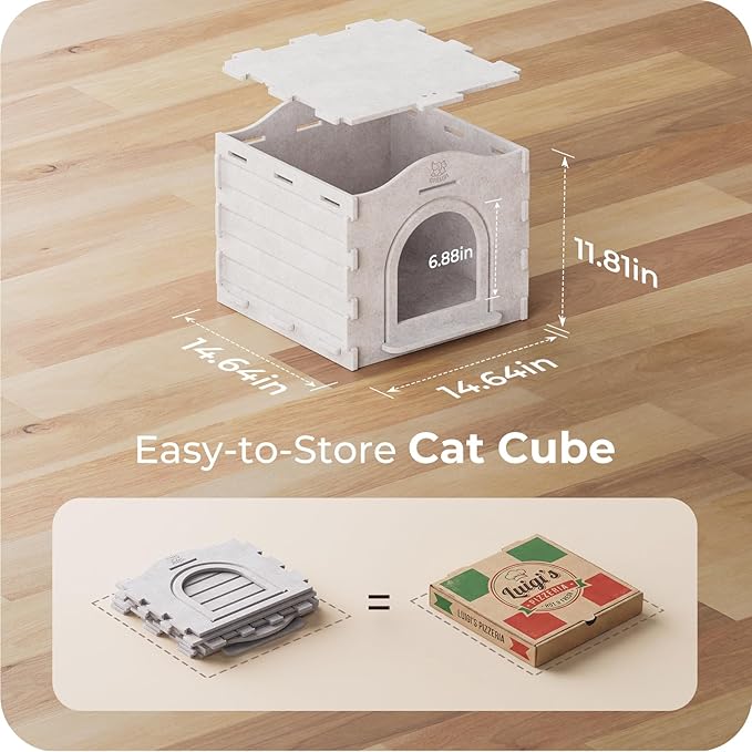 Apasiri Cat Bed Cave for Indoor Cats: New Felt Cat Bed with Fluffy Ball Hanging, Foldable Cat House with Scratch-Resistant Board, Hideaway Cat Cave for Timid Cats, Sturdy Two-Tier Cat Condo - Gray