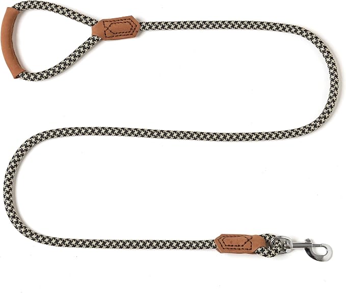 Mile High Life | Premium Leather Handle Dog Leash | Strong Rope Leash | Zinc Alloy Strong Clasp | Small Medium Large Dogs | 4/5/6 Feet(Black Khaki, 72 Inch (Pack of 1))