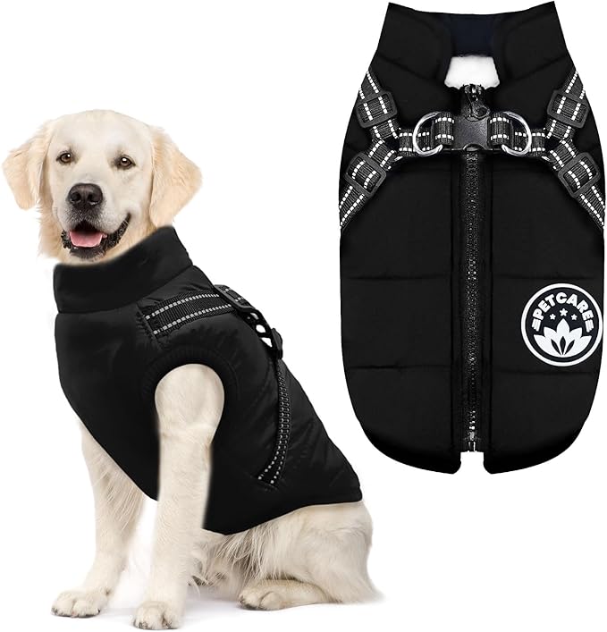 PETCARE Winter Dog Coat with Harness Built in Waterproof Dog Jackets Warm Pet Fleece Vest Windproof Snow Jacket Snowsuit Reflective Dogs Cold Weather Coats for Puppy Small Medium Large Dogs Cats