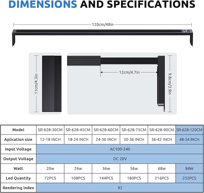 SEAOURA 24/7 LED Aquarium Light for 48-54 Inch Fish Tank, Fish Tank Light for Plants, Auto On Off with Timer, 9 Colors, Adjustable Brightness, Daylight & Moonlight, DIY and Nature Weather Mode