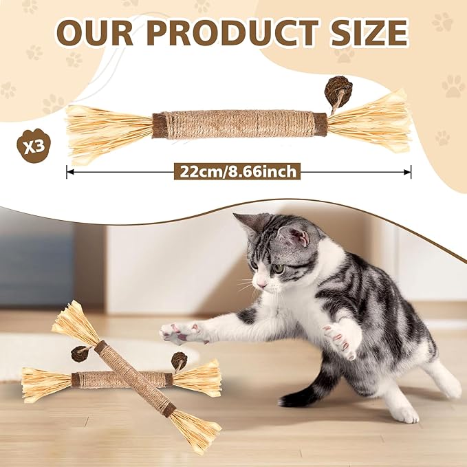 TEAWOO 3 Pcs Natural Silvervine Sticks Cat Toys, Catnip & Matatabi Blend Dental Chew Toys, Teeth Cleaning Kitty Toys for Indoor Cats & Kittens, Edible Chew Sticks for Aggressive Chewers