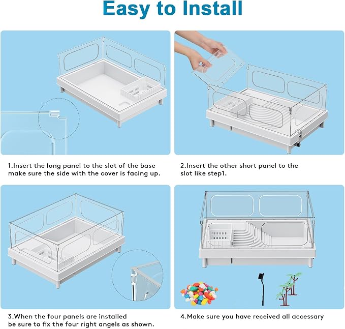 Small Turtle Tank for Baby Turtles with Basking Platform and Bottom Drain | White Clear-Panel Habitat, Lightweight Starter Aquarium for Red-Eared Sliders, Crabs and Small Reptiles