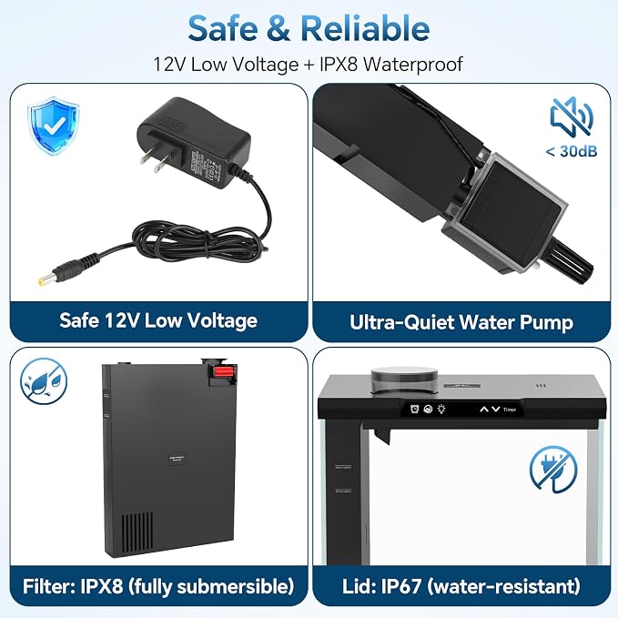 AQQA 7.88 Gallon Aquarium Starter Kit, Glass Fish Tank 3-Stage Filtration | Real-Time Temp Monitor, 4-Color Timed LED Light, Quiet Pump, Self Cleaning Desktop Tank for Betta Shrimp, Black