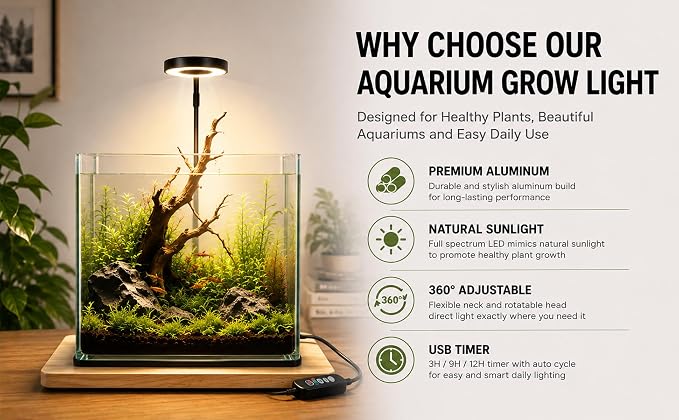 Aquarium Light Full Spectrum LED10W Light with Timer Auto On/Off | Betta Fish Tank Light,Nano Terrarium Fish Tank Lamp,3 Light Colors + Dimmable Brightness