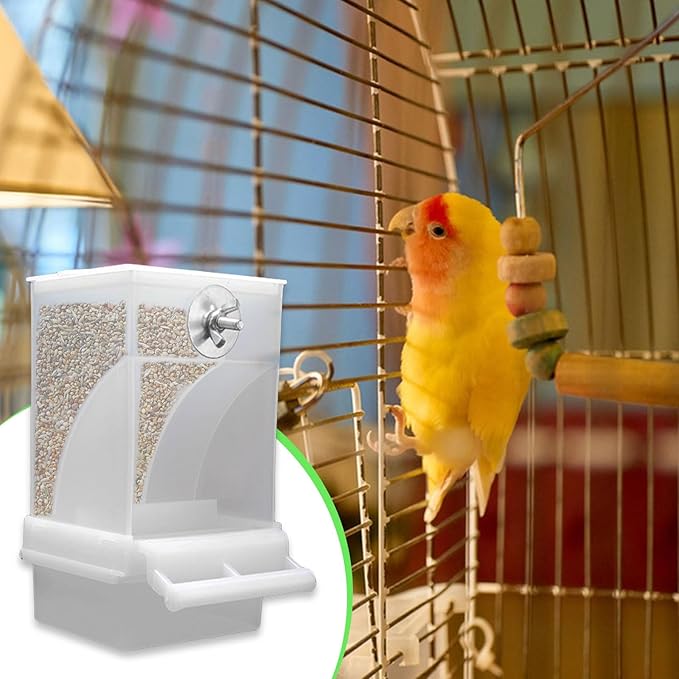 No Mess Automatic Bird Feeder, Acrylic Transparent Parrot Feeder Cage Accessories, Parrot Seed Food Feeder Container Cage Accessories for Small Medium Birds Parakeets Lovebirds (Semi Transparent)