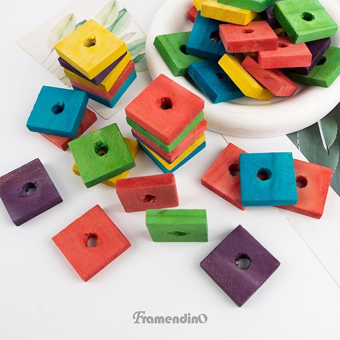 Framendino, 80 Pack Bird Play Parts Wooden Blocks, Parrot Chewing DIY Wood Slices for DIY Playing Shredding