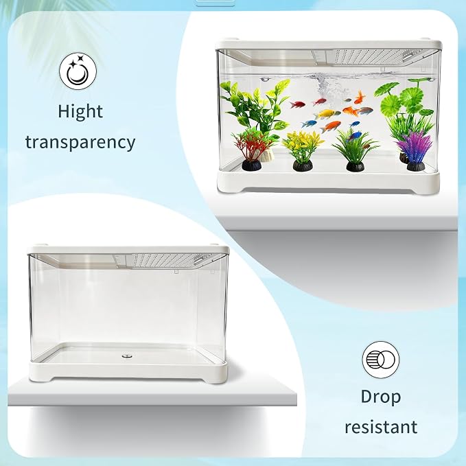 2 Gallon Plastic Betta Fish Tank, Unbreakable Small Portable Fish Bowl - Desktop Aquarium Starter Kit,Clear Rectangular Fish Tank for Goldfish Aquatic Shrimp, 9-Piece Set for Home Decoration.