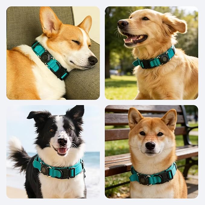 Upgraded AirTag Dog Collar,Waterproof Tactical Dog Collar with AirTag Holder, Control Handle and Metal Buckle,Heavy Duty Dog Collars for Large Dogs (Teal,L