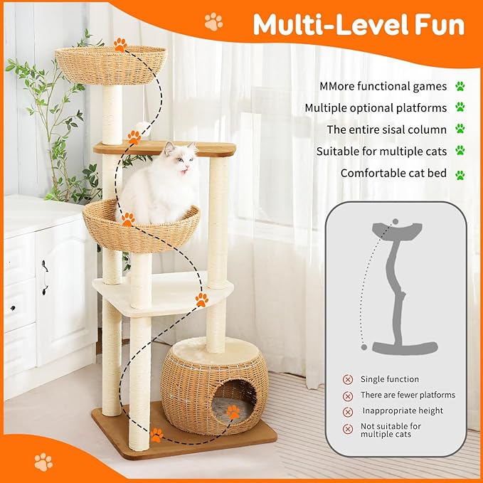 Modern Cat Tree Tower,Rattan Cat Tree Condo,Sisal-Covered Scratching Posts for Indoor Cats, Multi-Level Cat Condo with Space Capsule Nest, Tall Cat Tree for Multiple Large Cats