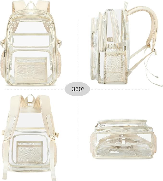 abshoo Large Heavy Duty Girls Clear Backpack for School Bookbag Transparent Multi Pocket Backpacks for Women (Beige)