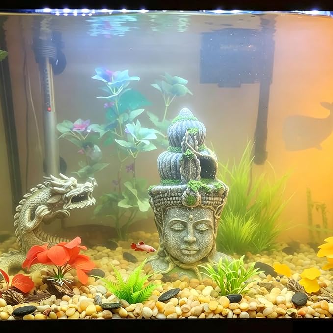 kathson Aquarium Buddha Head Statue Decor Betta Resin Hideout Cave Fish Tank Accessories Sleep Rest Conceal Breed for Fish Shrimp Reptile Amphibian (1 PCS)