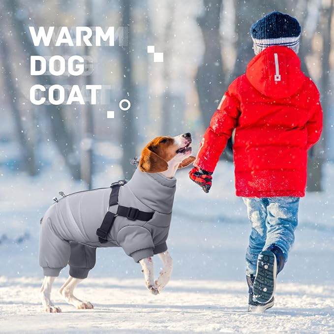 BRKURLEG Grey Dog Winter Coat, Cozy Winter Dog Jackets, Small Dogs Coat with Harness, Onesie Body Warm Puppy Jacket, Pet Reflective Windproof Cold Weather Jackets, Puppy Four-Legged Puffer Coats, M