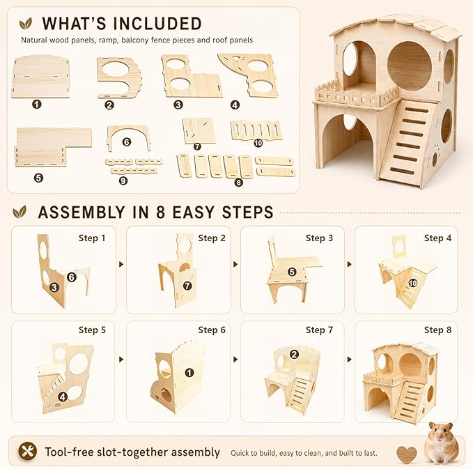 Large Guinea Pig Hideout Place, Double Layered Wooden Hamster House with ramp and Hamster Platform. Suitable for Hiding Places for Small Animals Such as Guinea Pigs, Hamsters, Rabbits, etc.