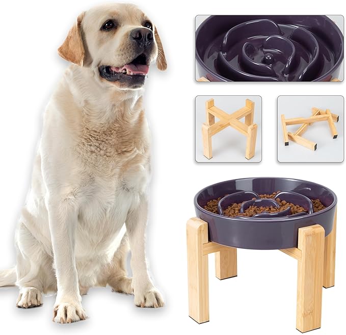 Elevated Slow Feeder Dog Bowl Large Breed, 8.8 Inch Ceramic Slow Eating Bowl with Bamboo Stand, Anti-Choking Raised Maze Design for Medium to Large Dogs, 3.2 Cup, Purple