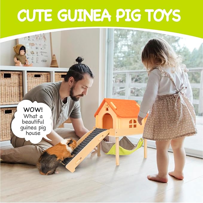 BESNEW 3 in 1 Enlarged Guinea Pig Hammock,Wooden Guinea Pig Hideout with House & Platform & Stairs Small Animal Toys for Hiding Sleeping Activities